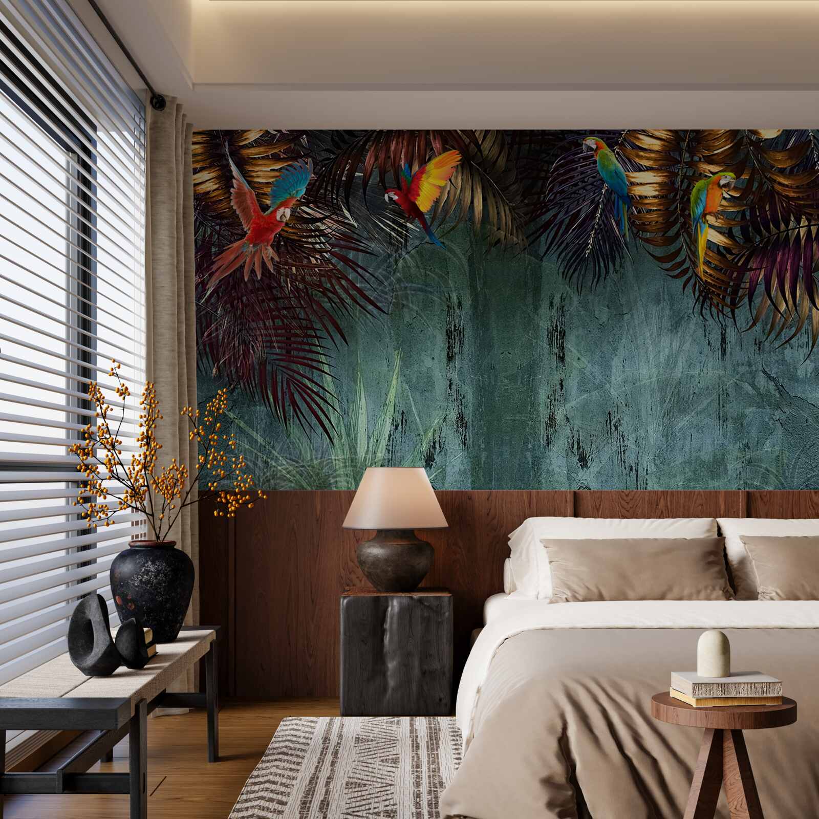 Fotobehang 's avonds zitten de papegaaien op tropische bladeren