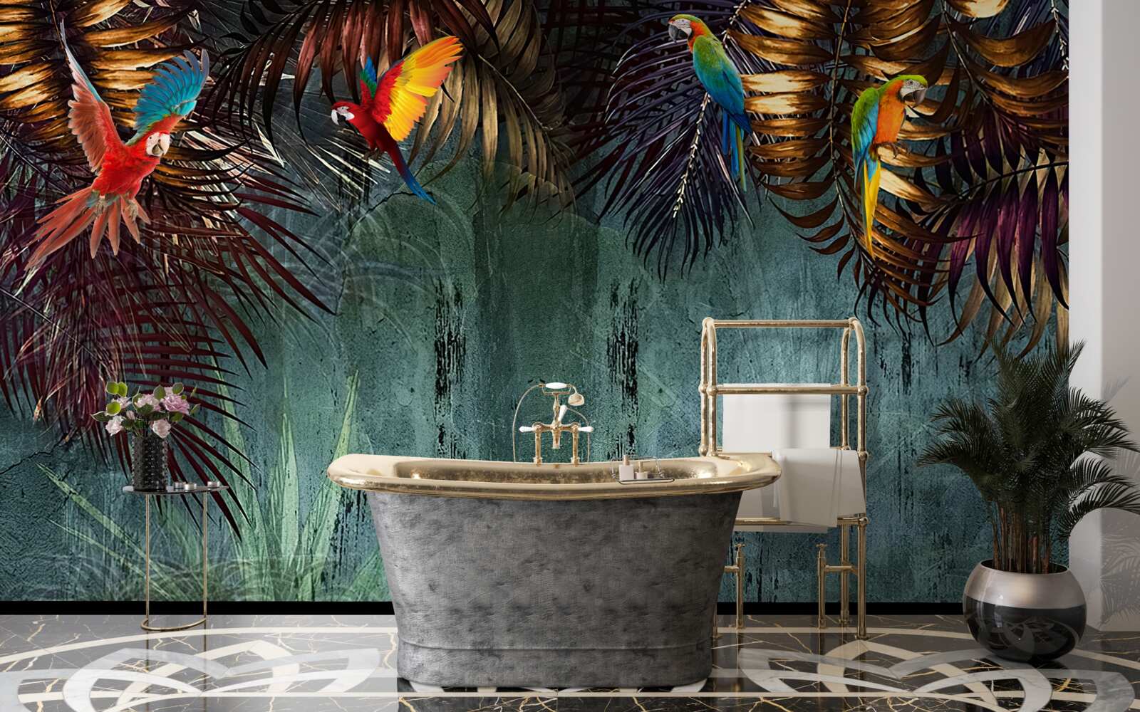 Fotobehang 's avonds zitten de papegaaien op tropische bladeren