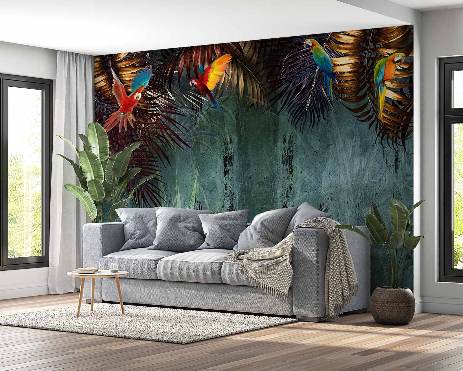 Fotobehang 's avonds zitten de papegaaien op tropische bladeren