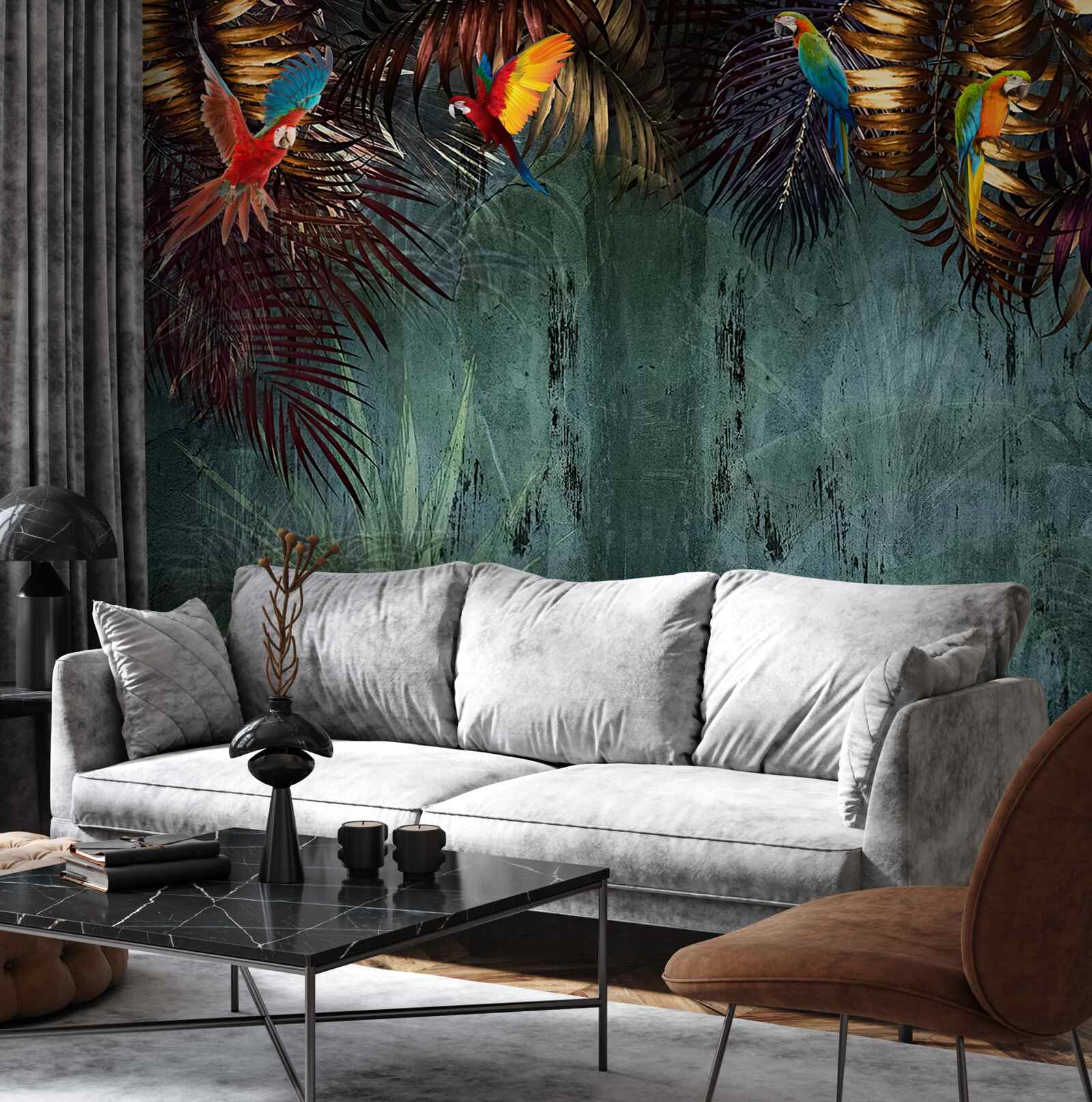 Fotobehang 's avonds zitten de papegaaien op tropische bladeren