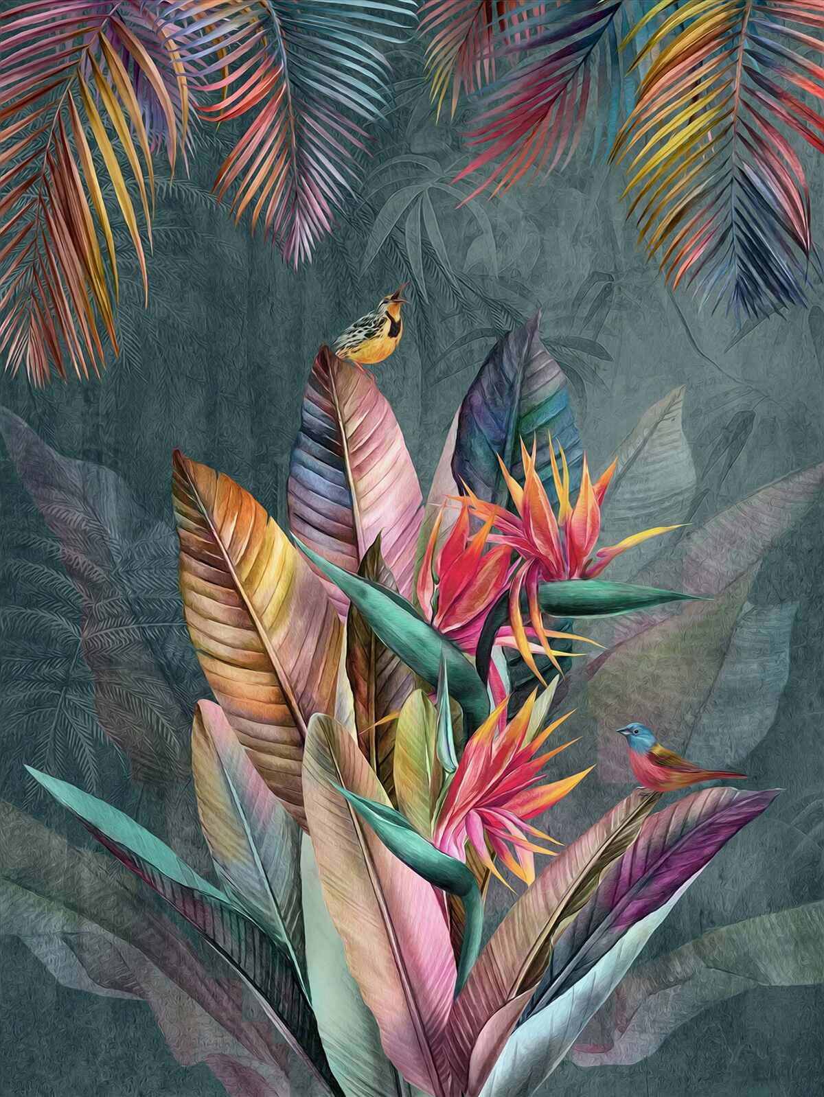 Fotobehang vogels op heldere herfstbladeren