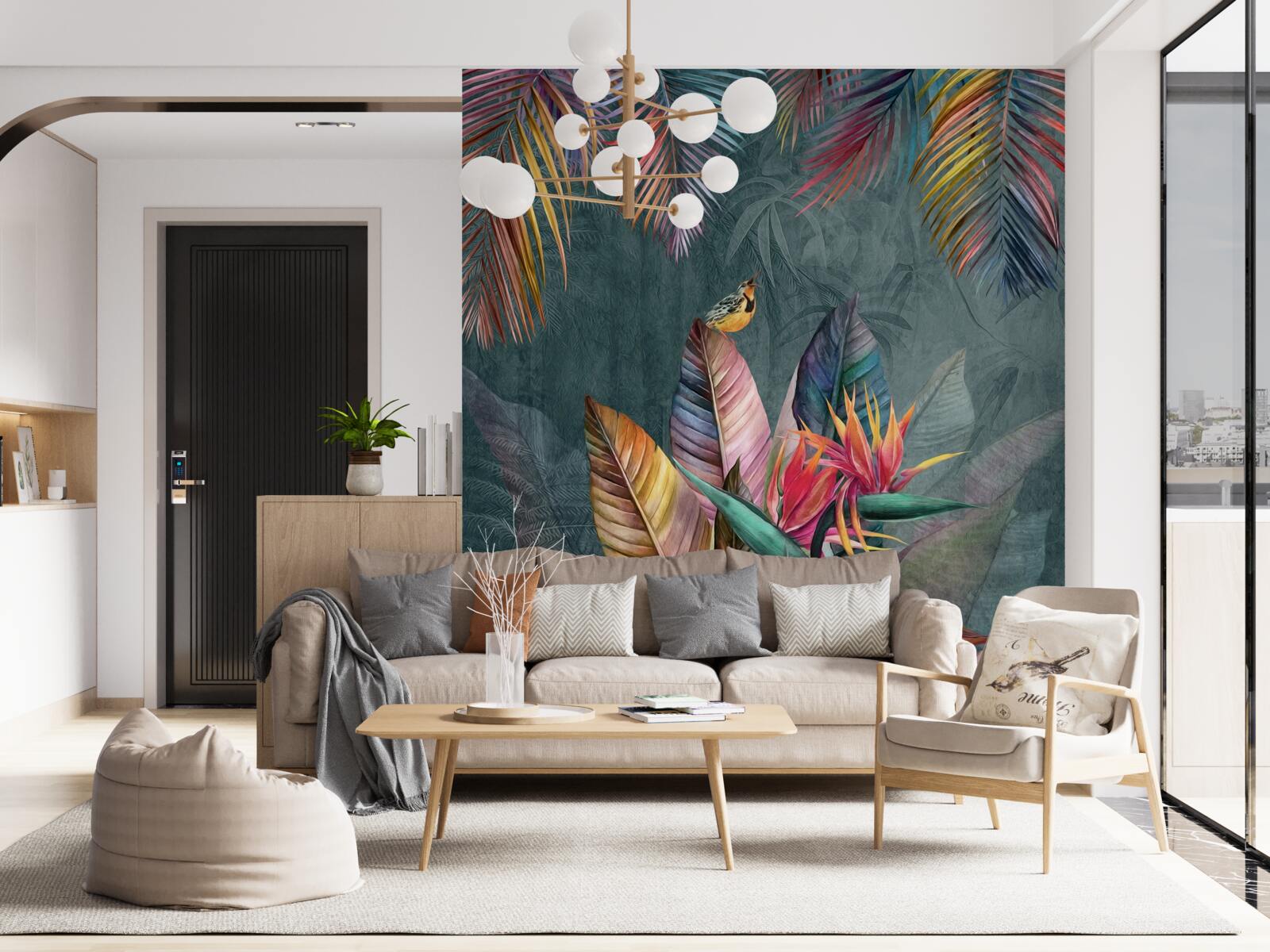 Fotobehang vogels op heldere herfstbladeren