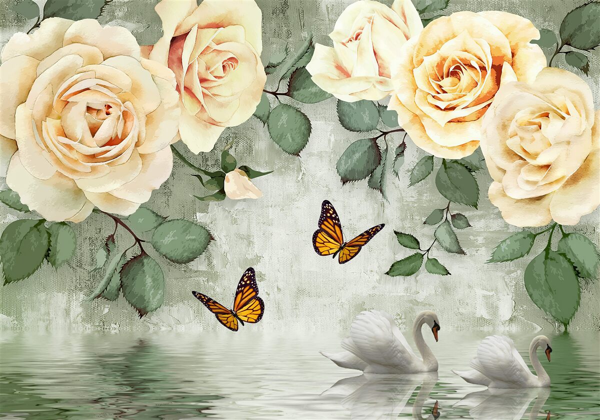 Fotobehang crèmekleurige rozen met vlinders in de buurt