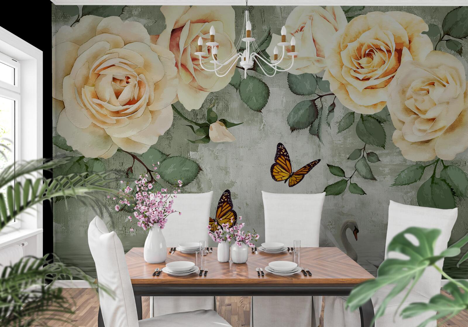 Fotobehang crèmekleurige rozen met vlinders in de buurt