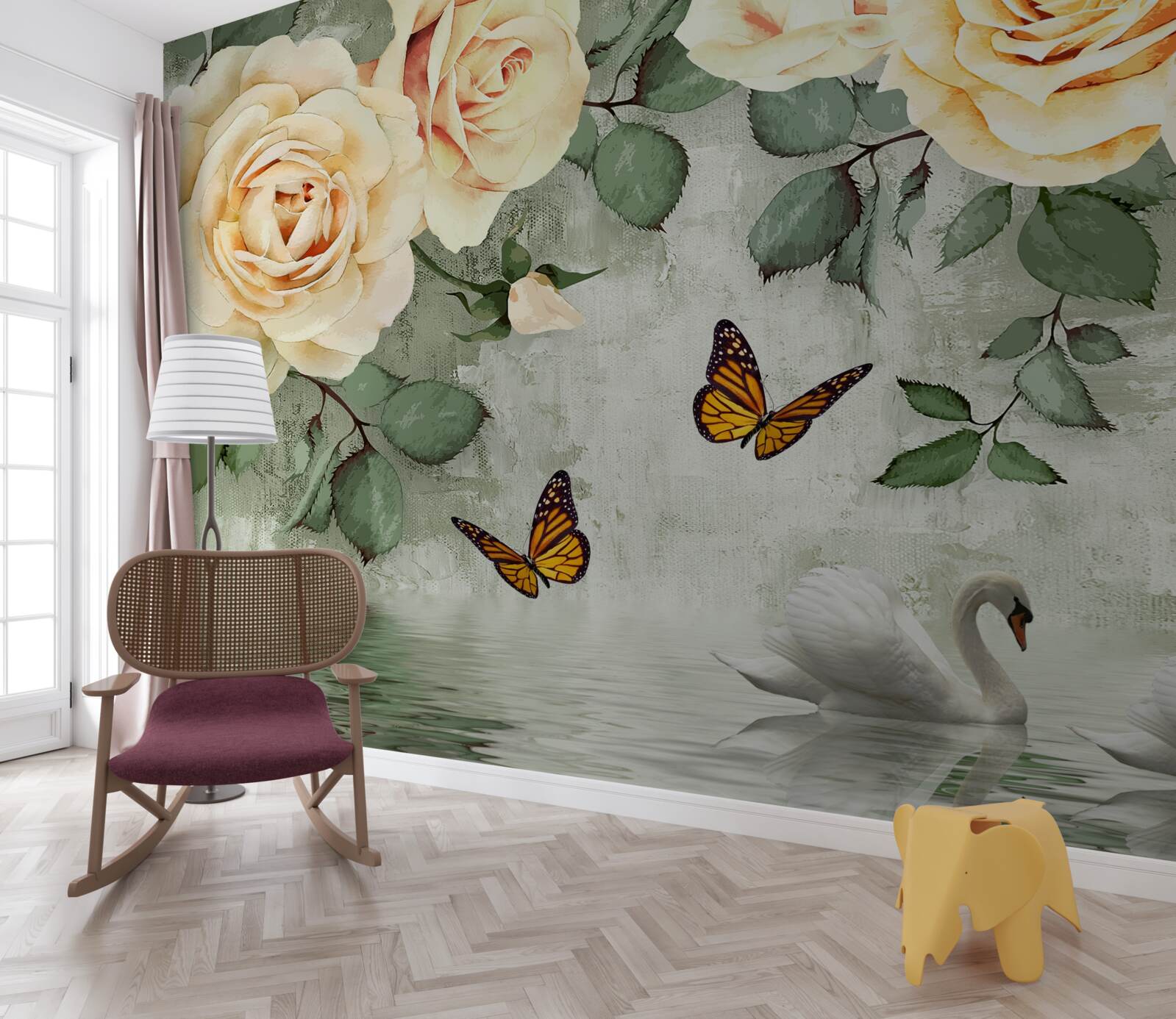 Fotobehang crèmekleurige rozen met vlinders in de buurt