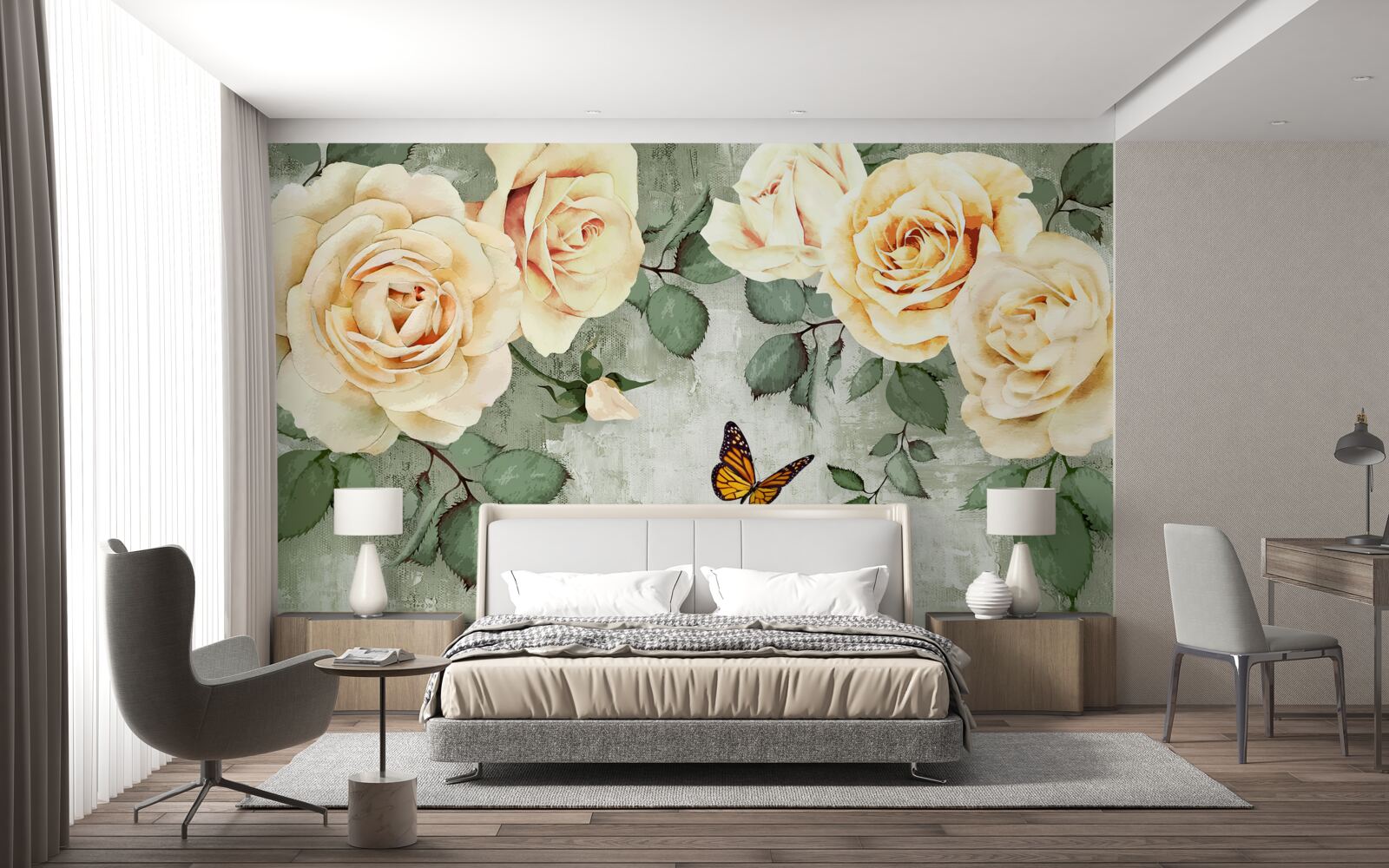 Fotobehang crèmekleurige rozen met vlinders in de buurt