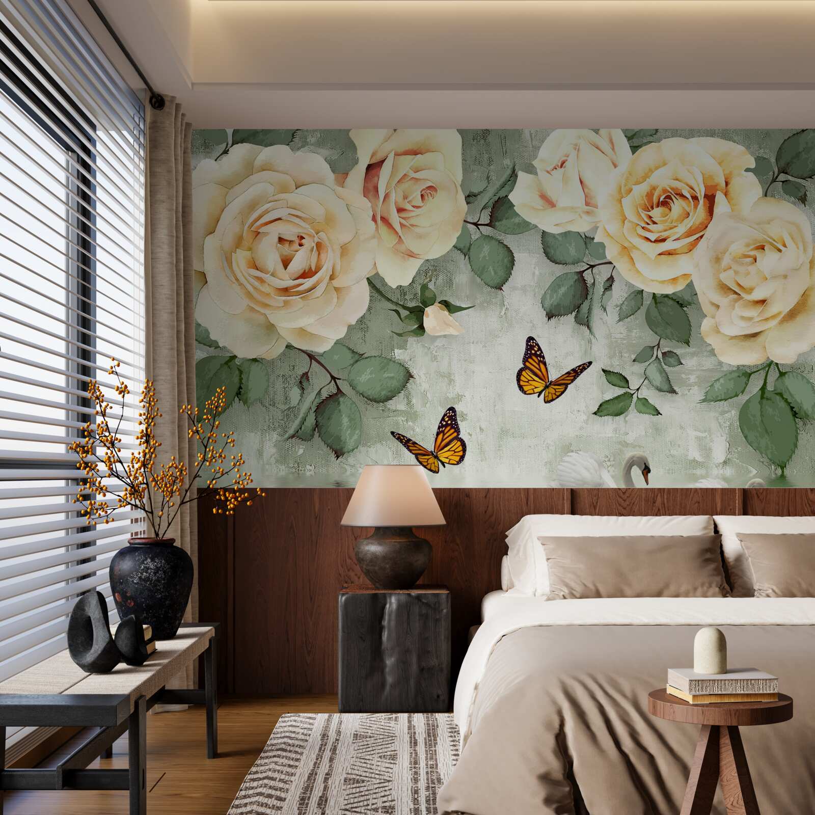 Fotobehang crèmekleurige rozen met vlinders in de buurt