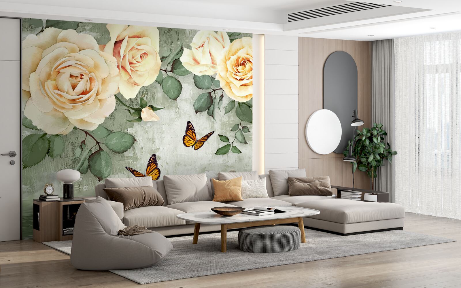 Fotobehang crèmekleurige rozen met vlinders in de buurt