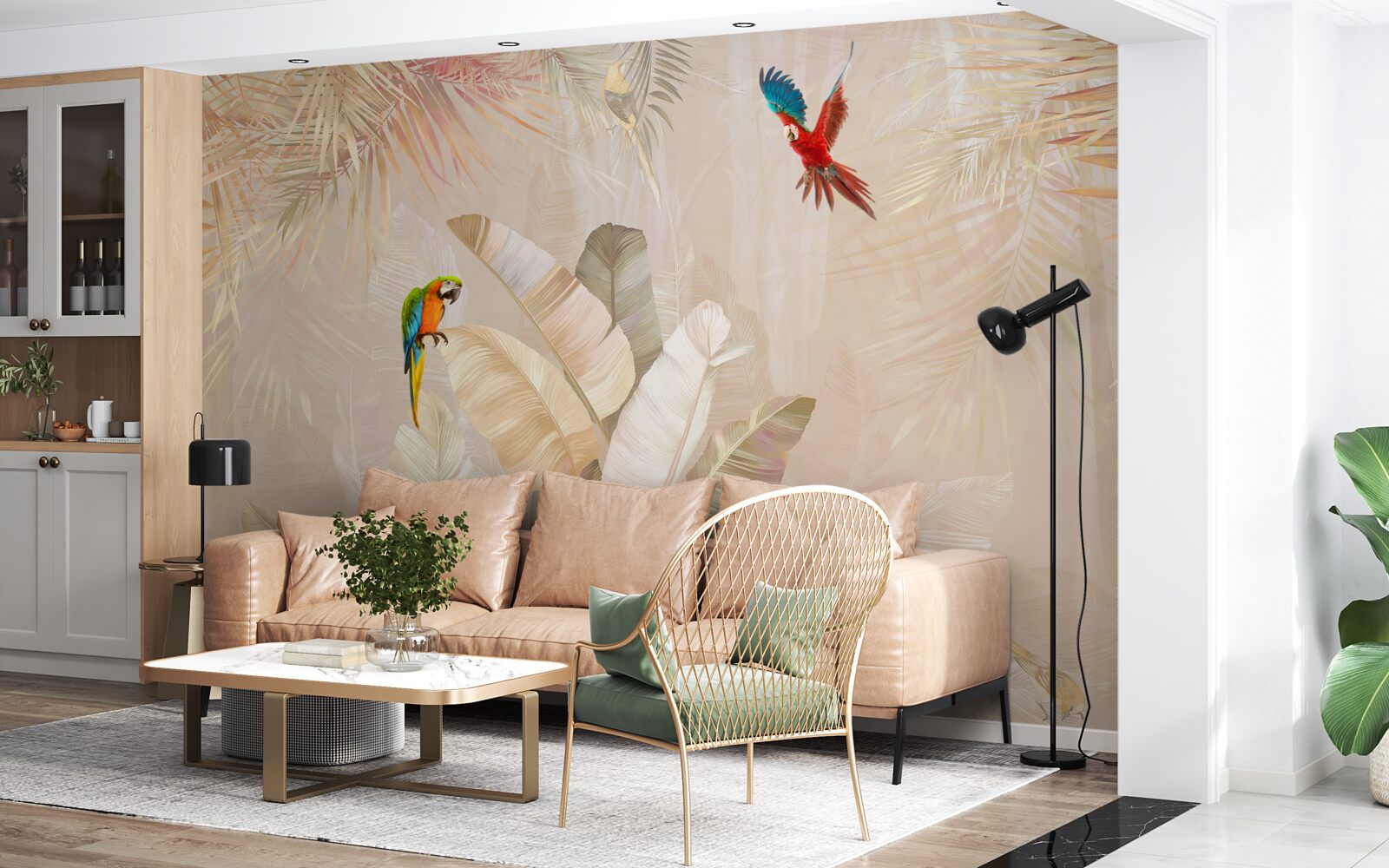 Fotobehang heldere varen dient als schuilplaats voor papegaaien