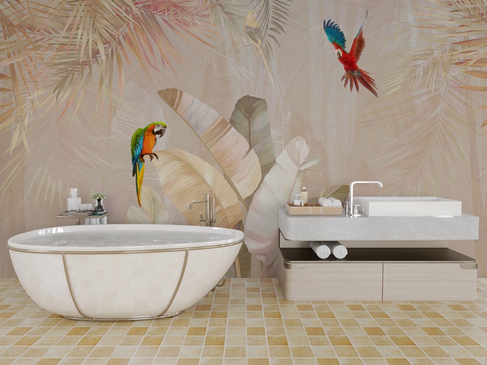 Fotobehang heldere varen dient als schuilplaats voor papegaaien