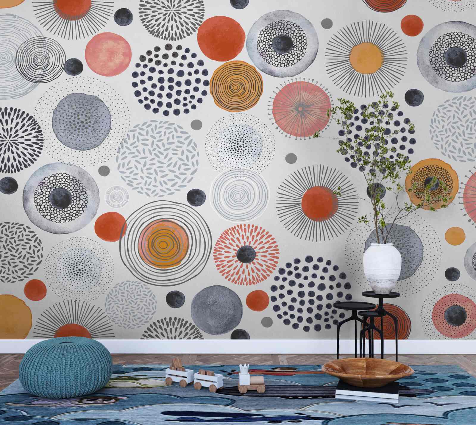 Fotobehang gekleurde tapijten contrasterend met grijs