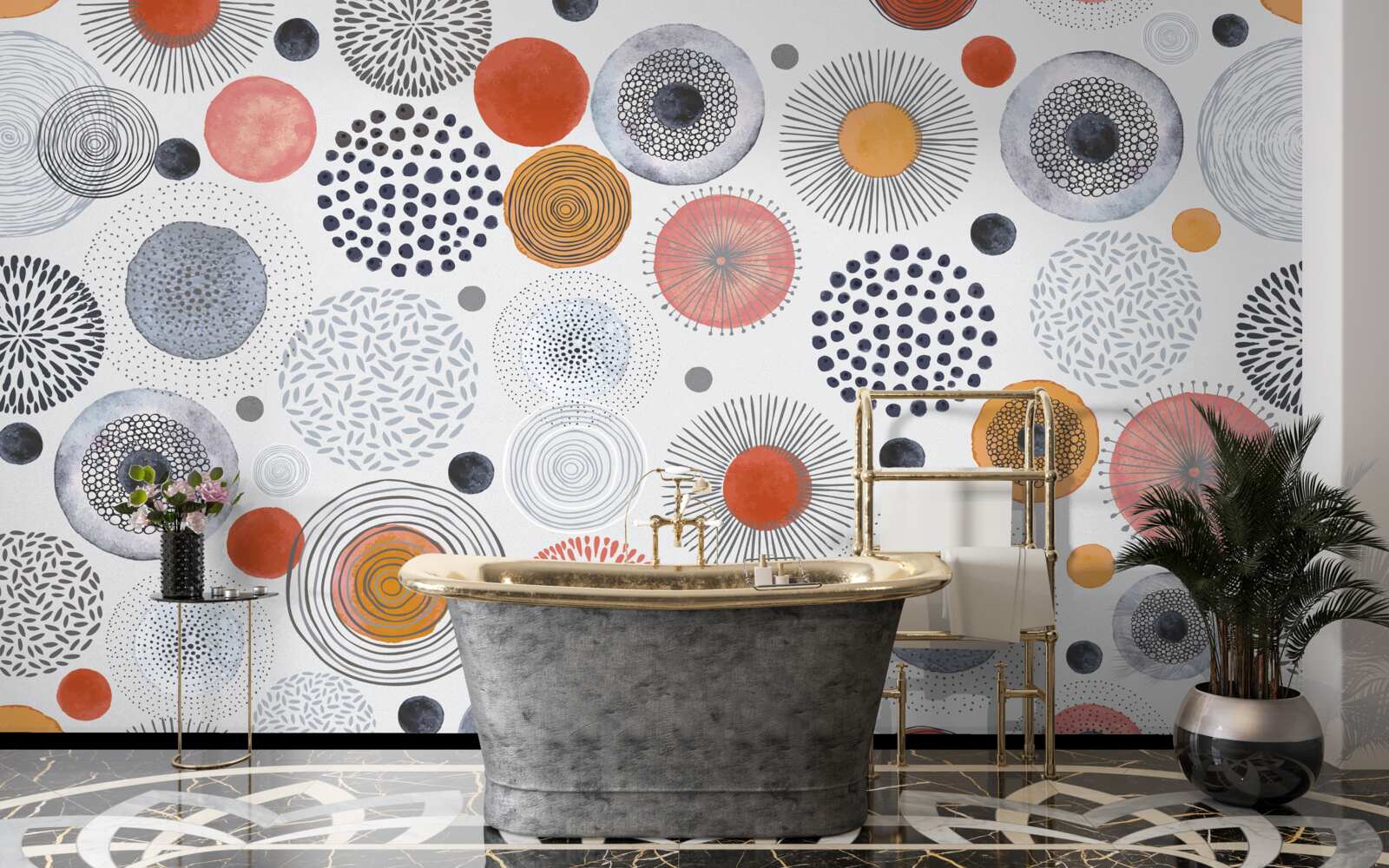 Fotobehang gekleurde tapijten contrasterend met grijs