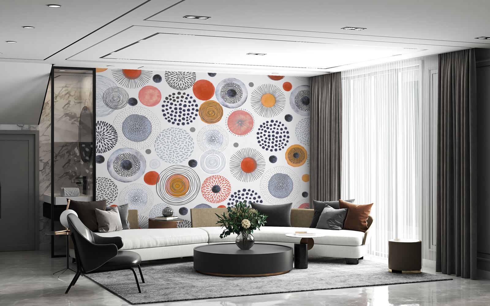 Fotobehang gekleurde tapijten contrasterend met grijs