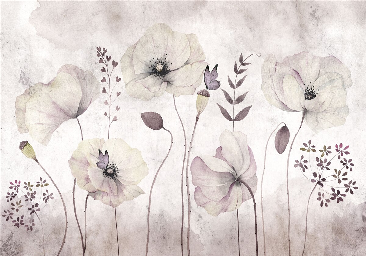 Fotobehang zachte klaprozen op sierlijke stelen