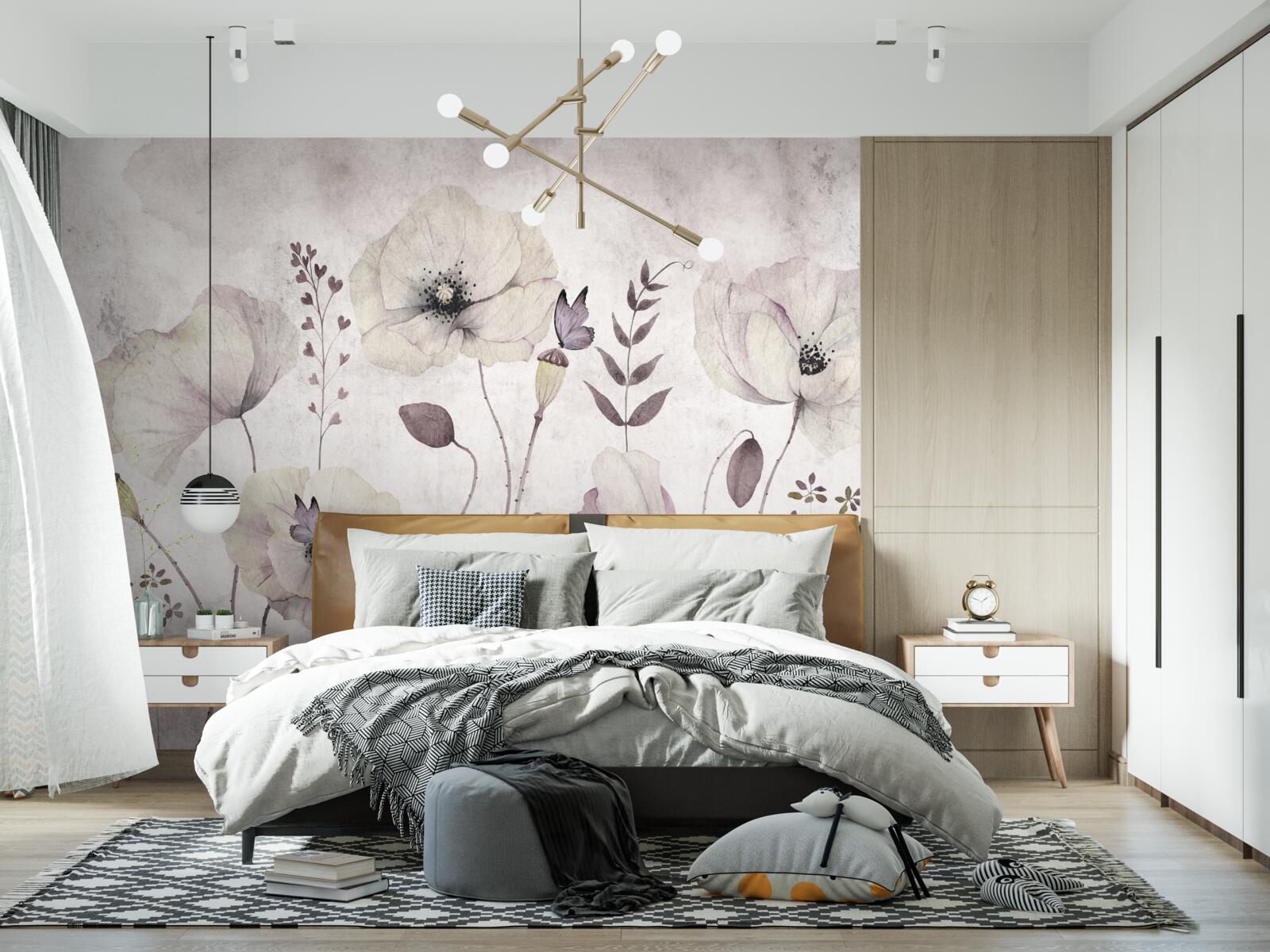 Fotobehang zachte klaprozen op sierlijke stelen