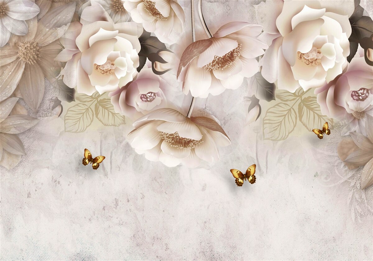 Fotobehang rozen in crèmetinten en lichte vlinders