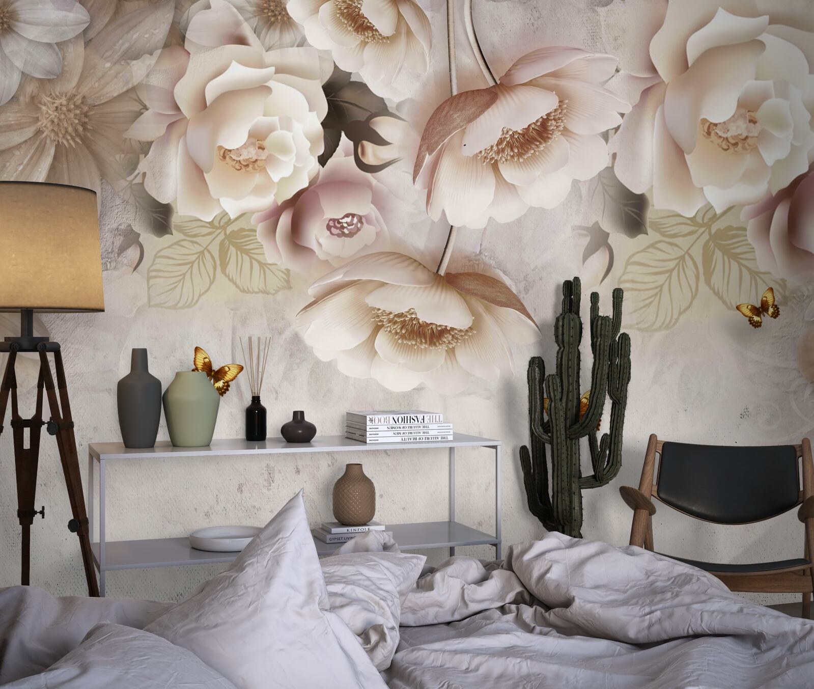 Fotobehang rozen in crèmetinten en lichte vlinders