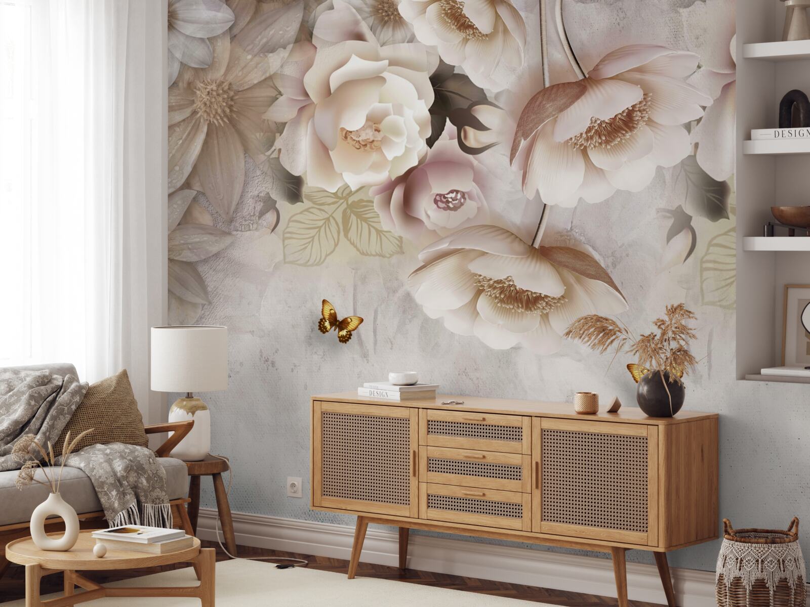 Fotobehang rozen in crèmetinten en lichte vlinders