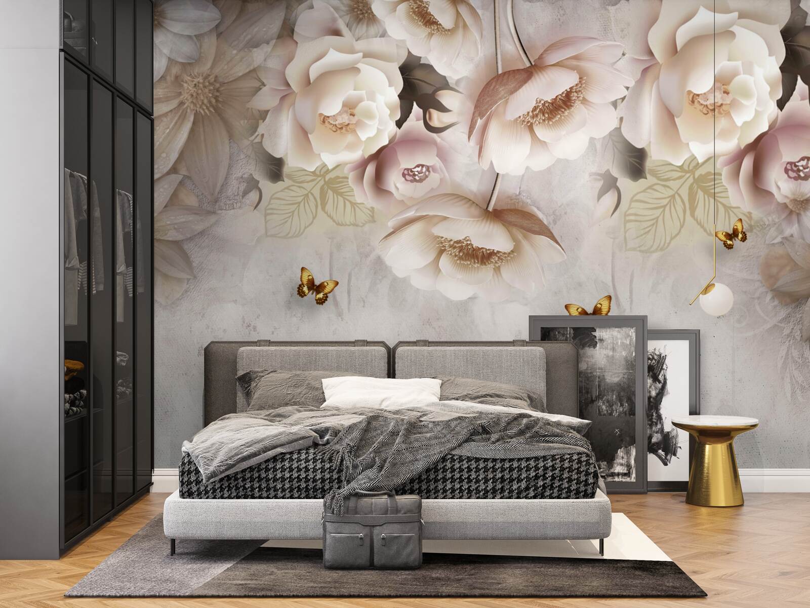 Fotobehang rozen in crèmetinten en lichte vlinders