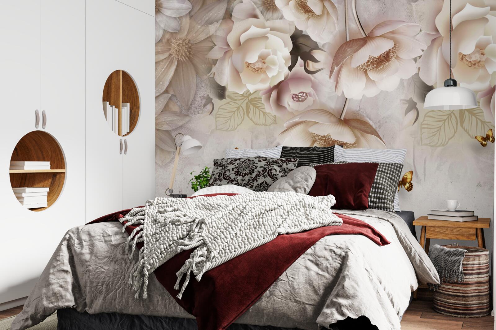 Fotobehang rozen in crèmetinten en lichte vlinders