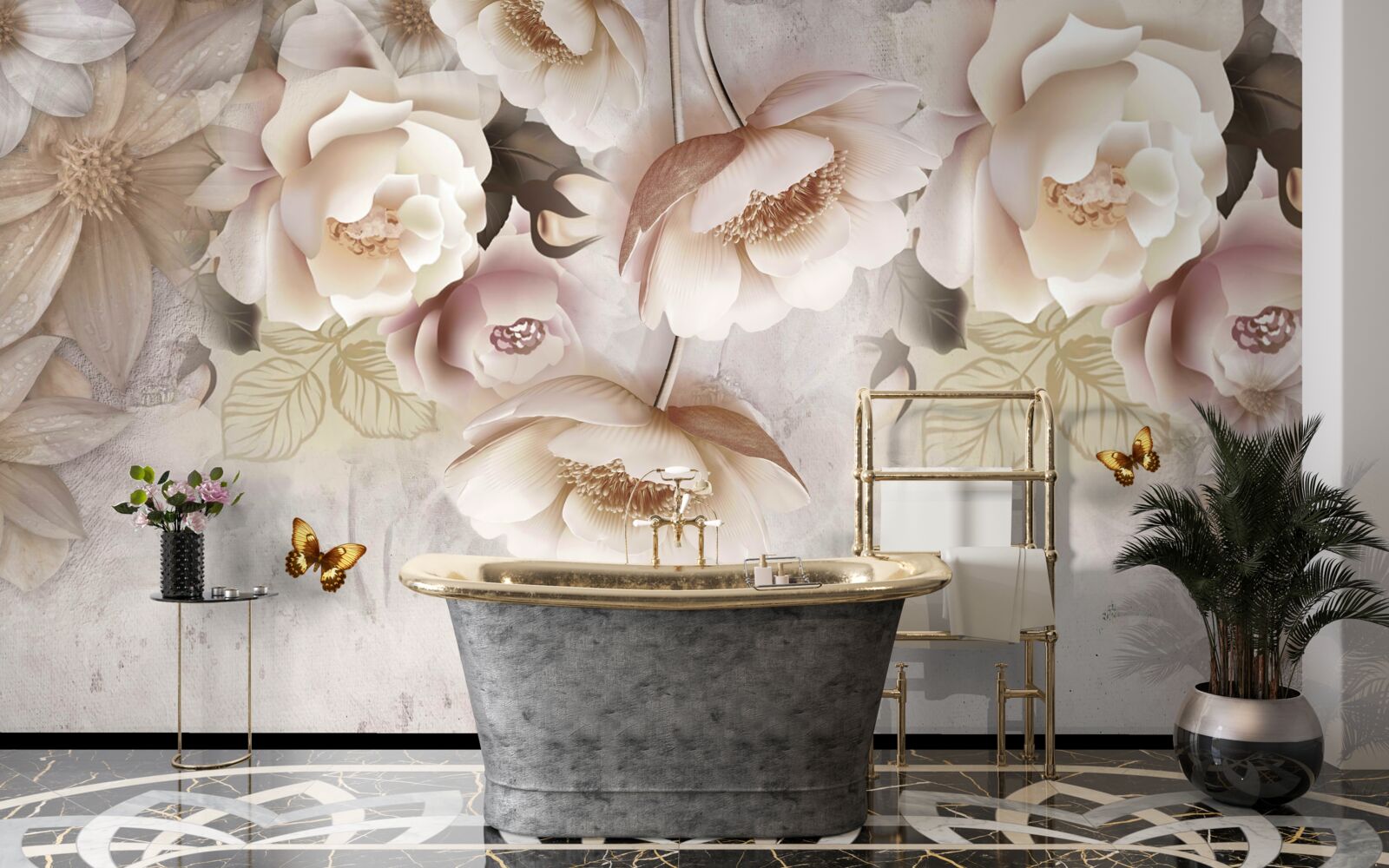 Fotobehang rozen in crèmetinten en lichte vlinders