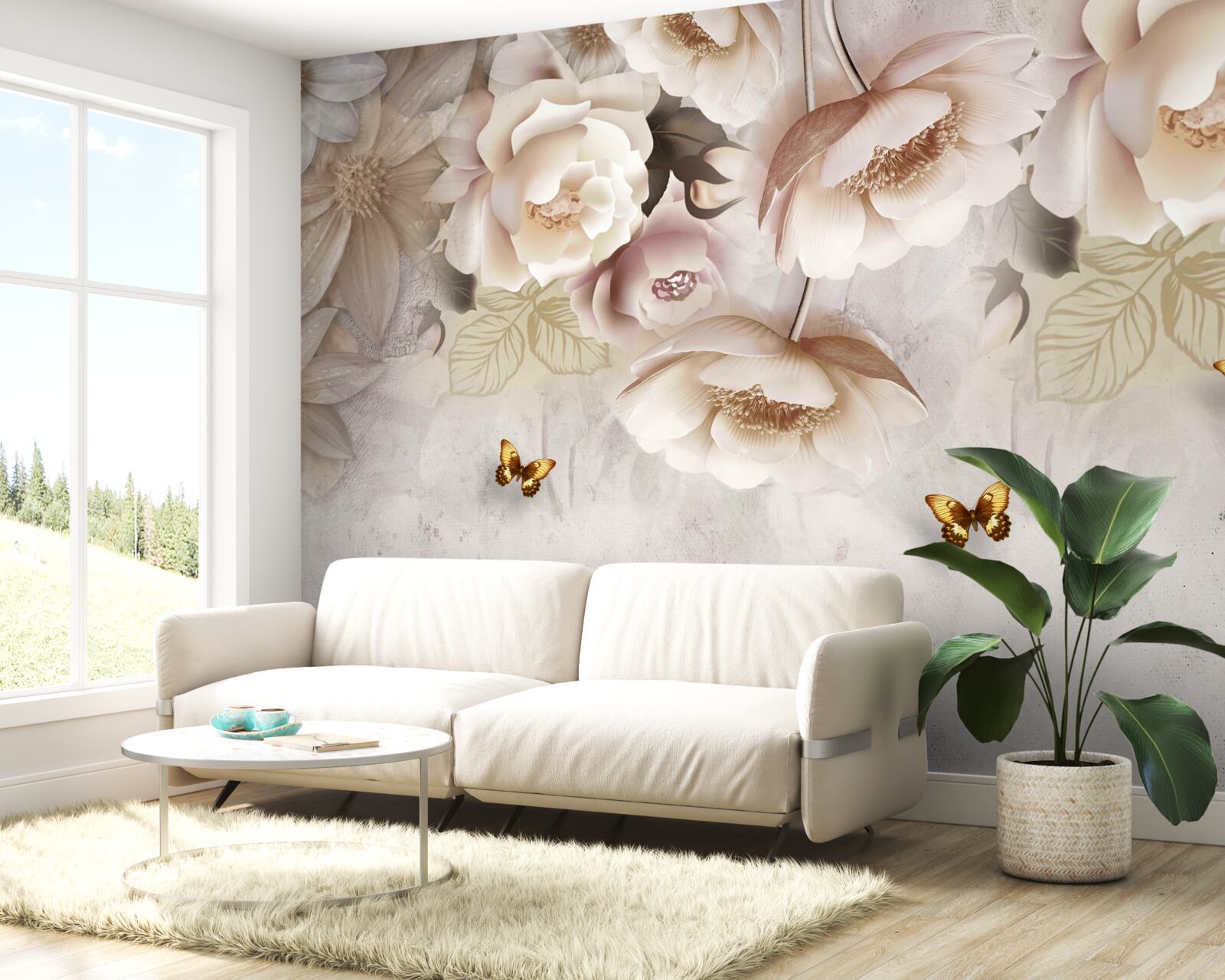 Fotobehang rozen in crèmetinten en lichte vlinders