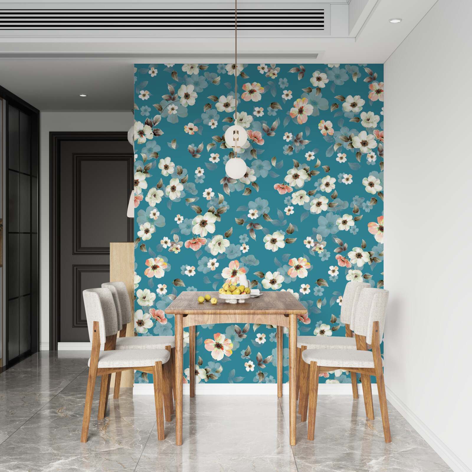 Fotobehang kleine bloemen op een blauwe basis