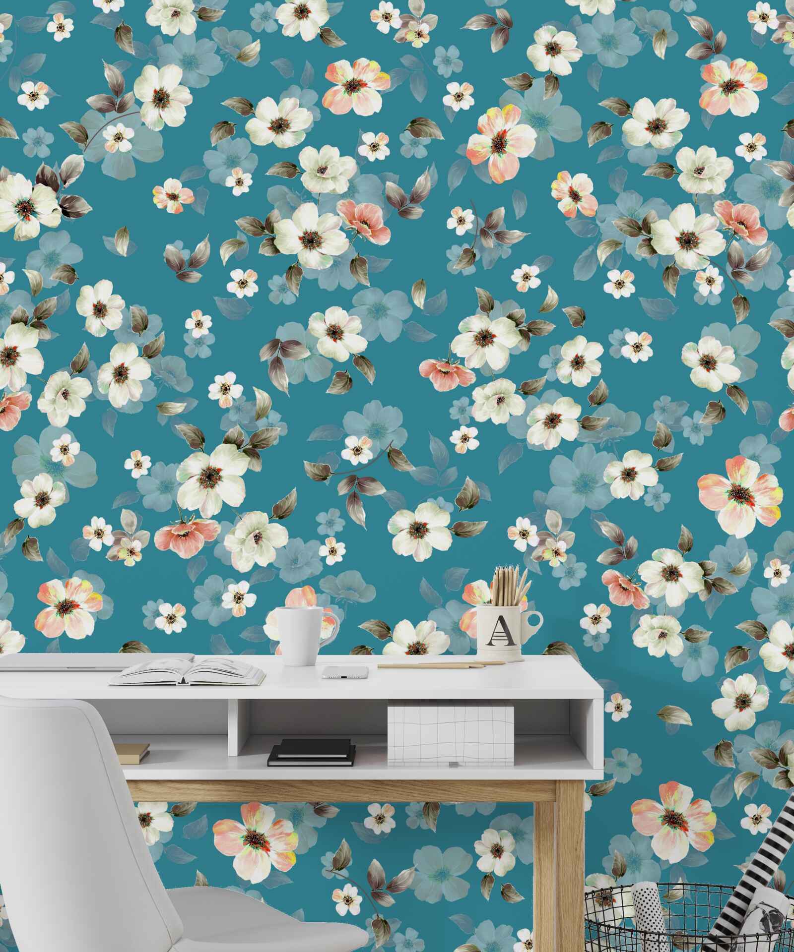 Fotobehang kleine bloemen op een blauwe basis