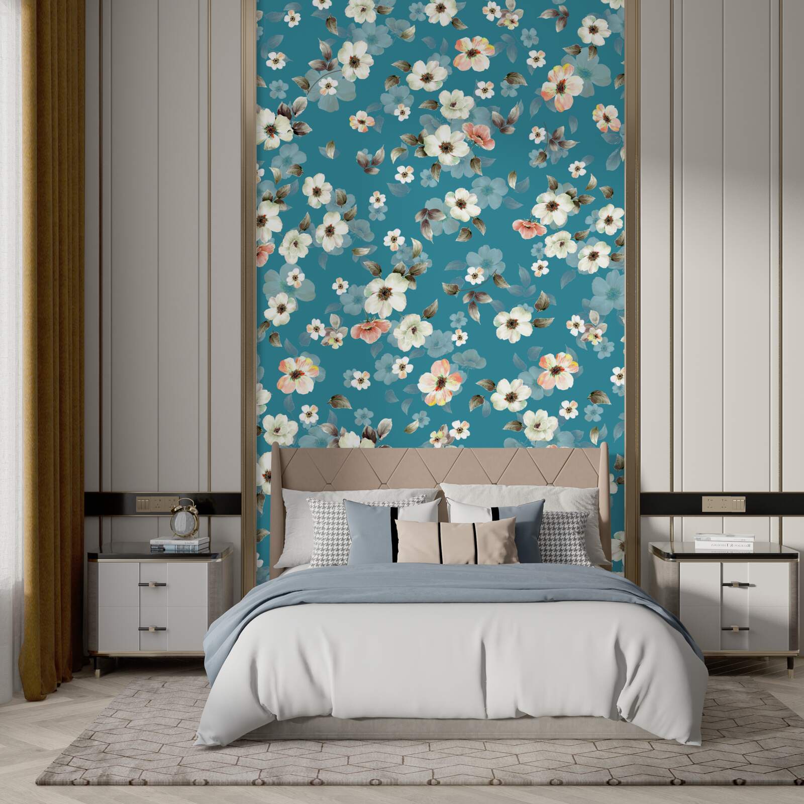 Fotobehang kleine bloemen op een blauwe basis