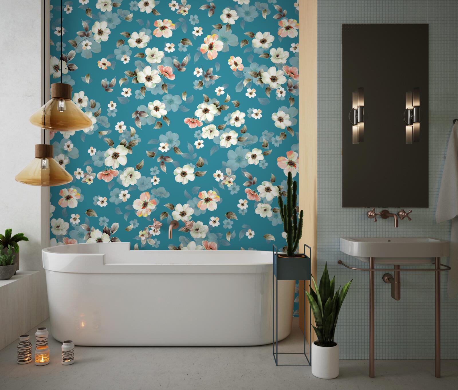 Fotobehang kleine bloemen op een blauwe basis