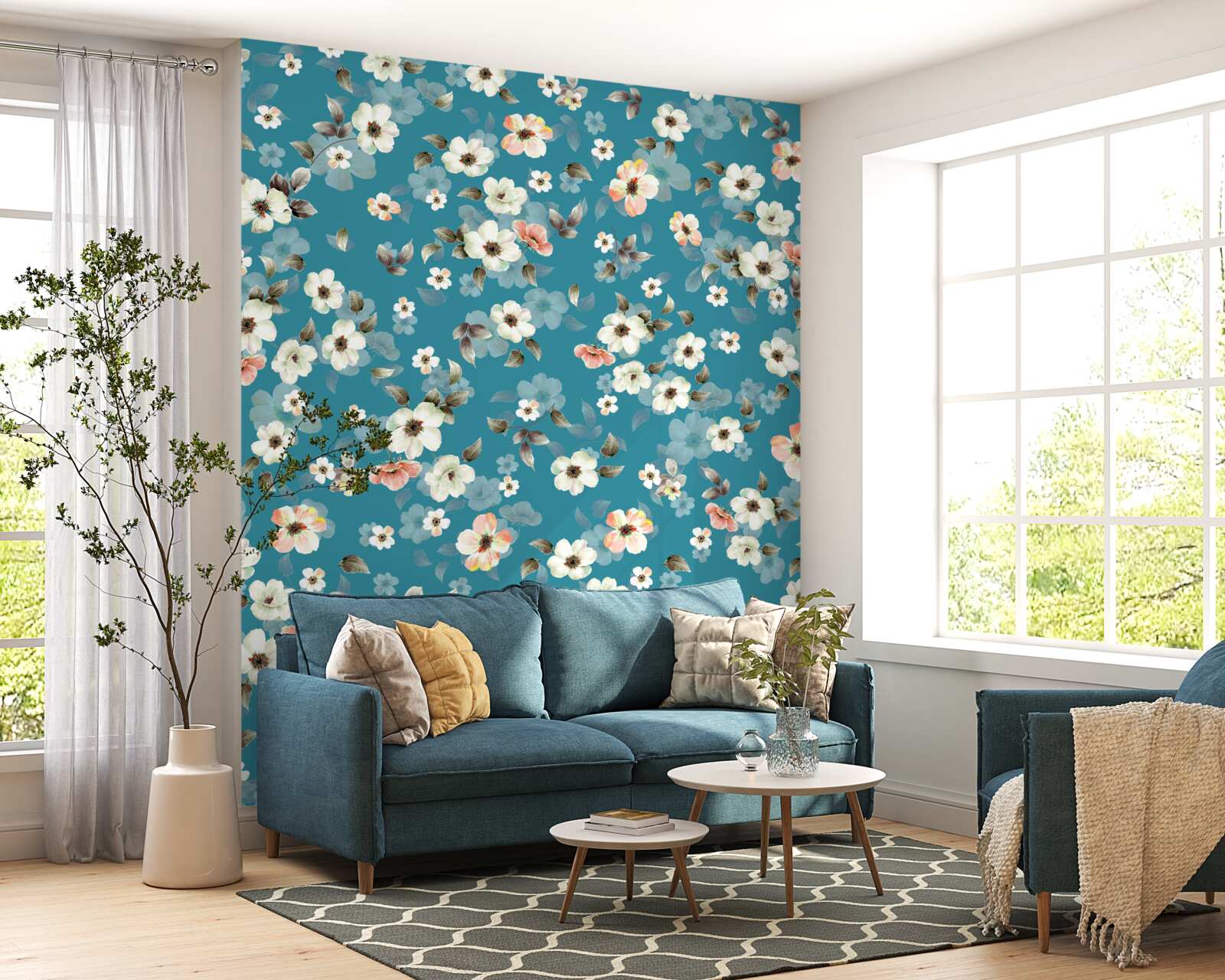 Fotobehang kleine bloemen op een blauwe basis