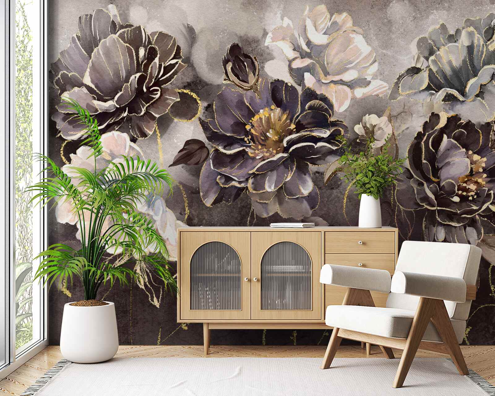 Fotobehang pioenrozen in zwart en wit