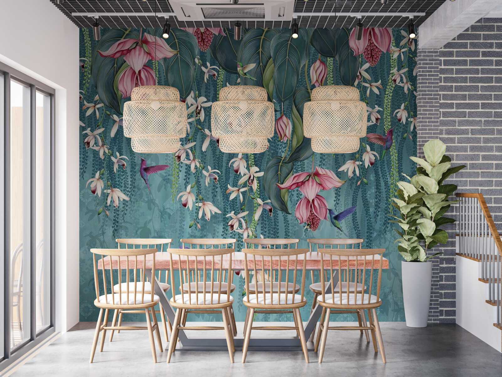 Fotobehang bloemen en groene takken die van bovenaf hangen en kolibries