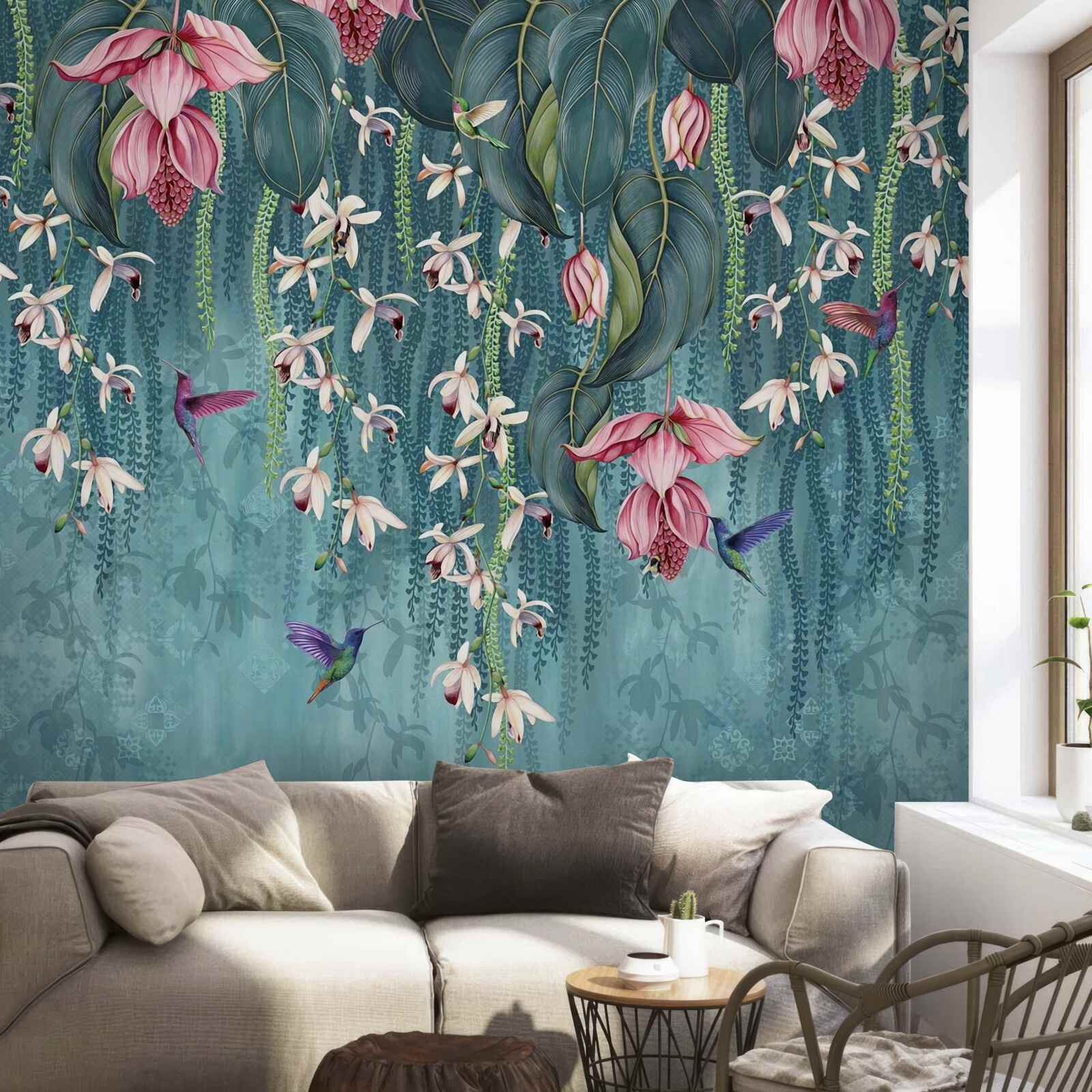 Fotobehang bloemen en groene takken die van bovenaf hangen en kolibries