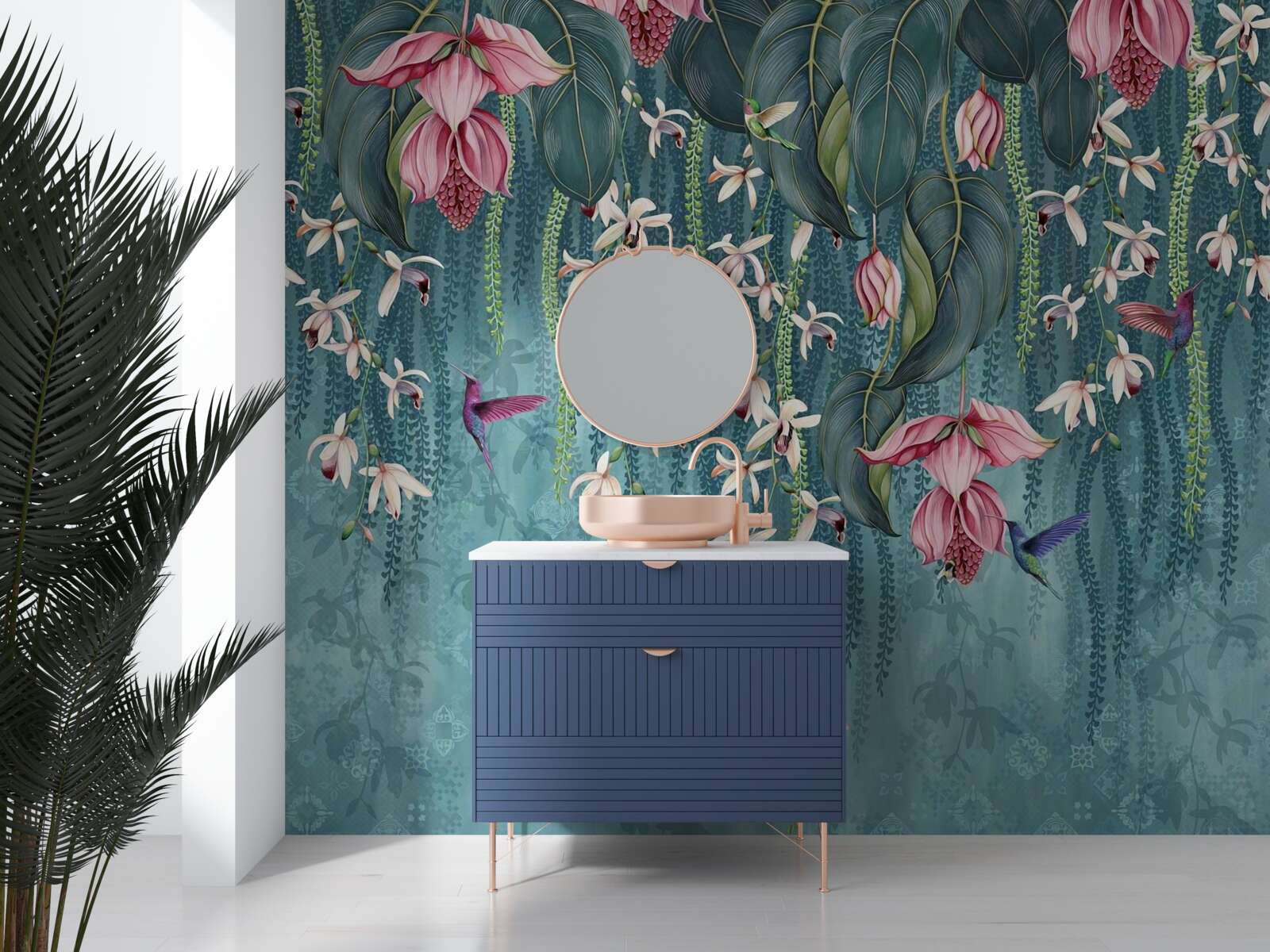 Fotobehang bloemen en groene takken die van bovenaf hangen en kolibries