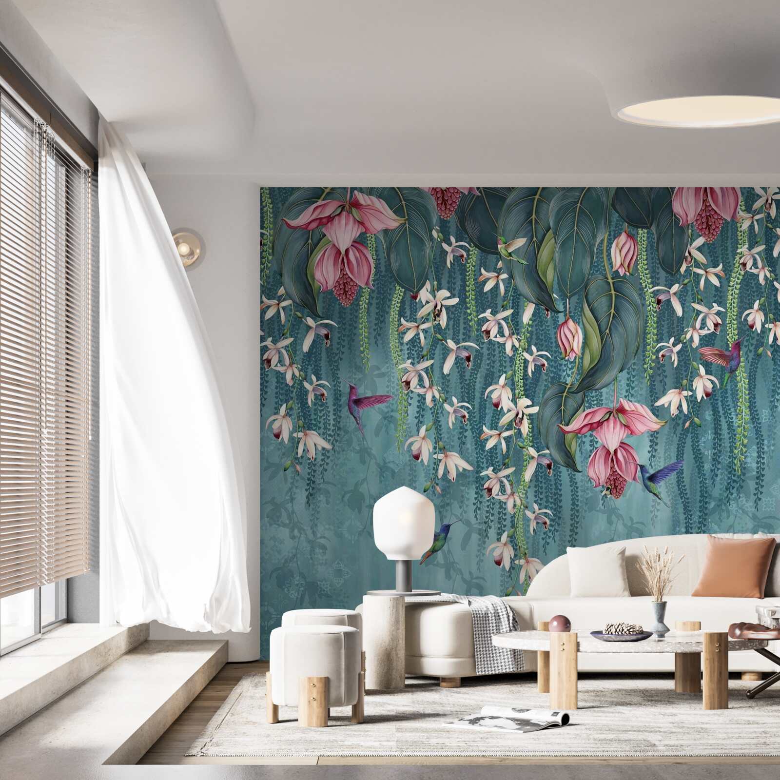 Fotobehang bloemen en groene takken die van bovenaf hangen en kolibries