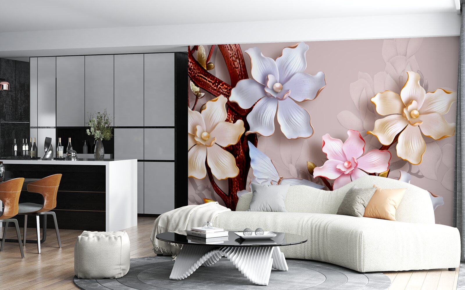 Fotobehang bloemen in verschillende tinten op een zachte achtergrond