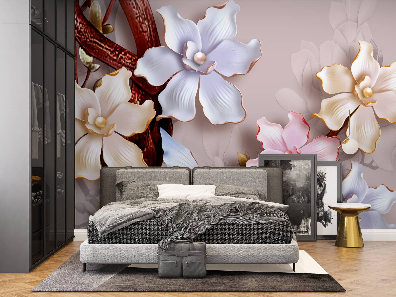 Fotobehang bloemen in verschillende tinten op een zachte achtergrond