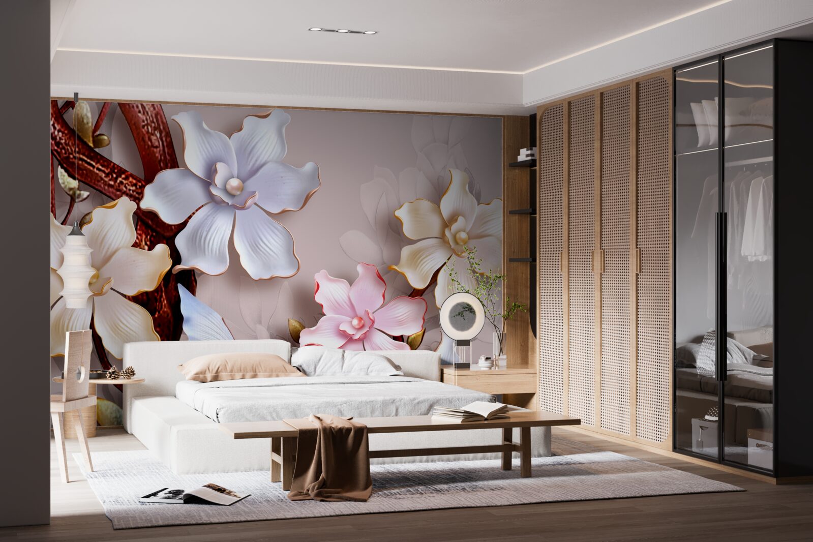 Fotobehang bloemen in verschillende tinten op een zachte achtergrond