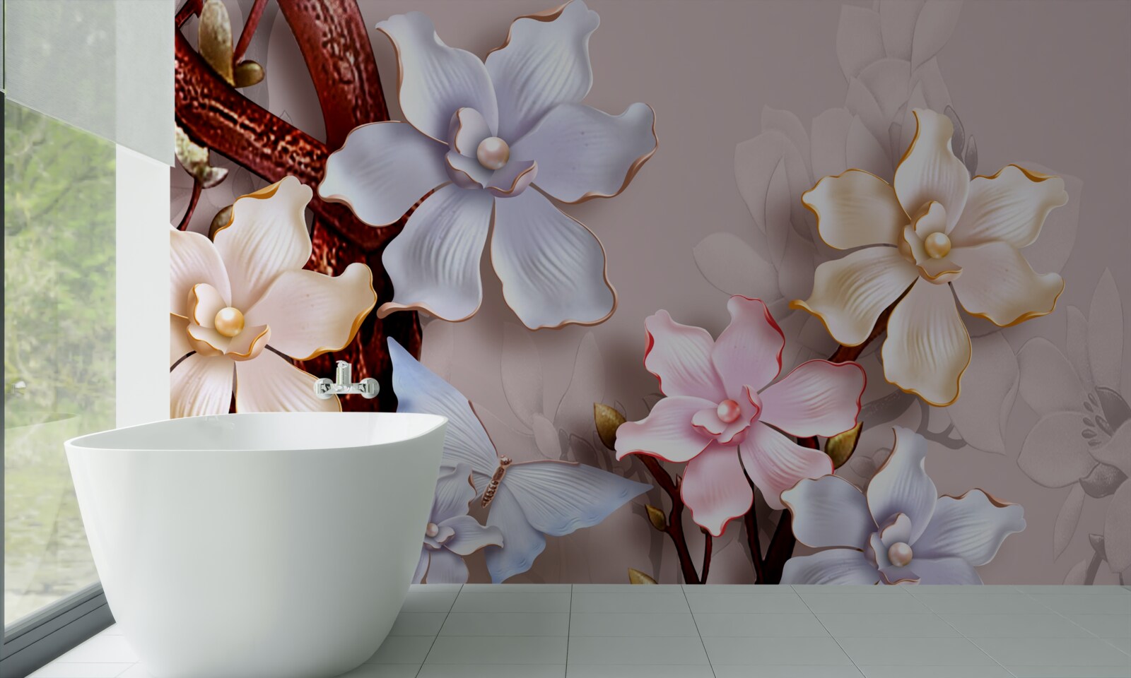 Fotobehang bloemen in verschillende tinten op een zachte achtergrond