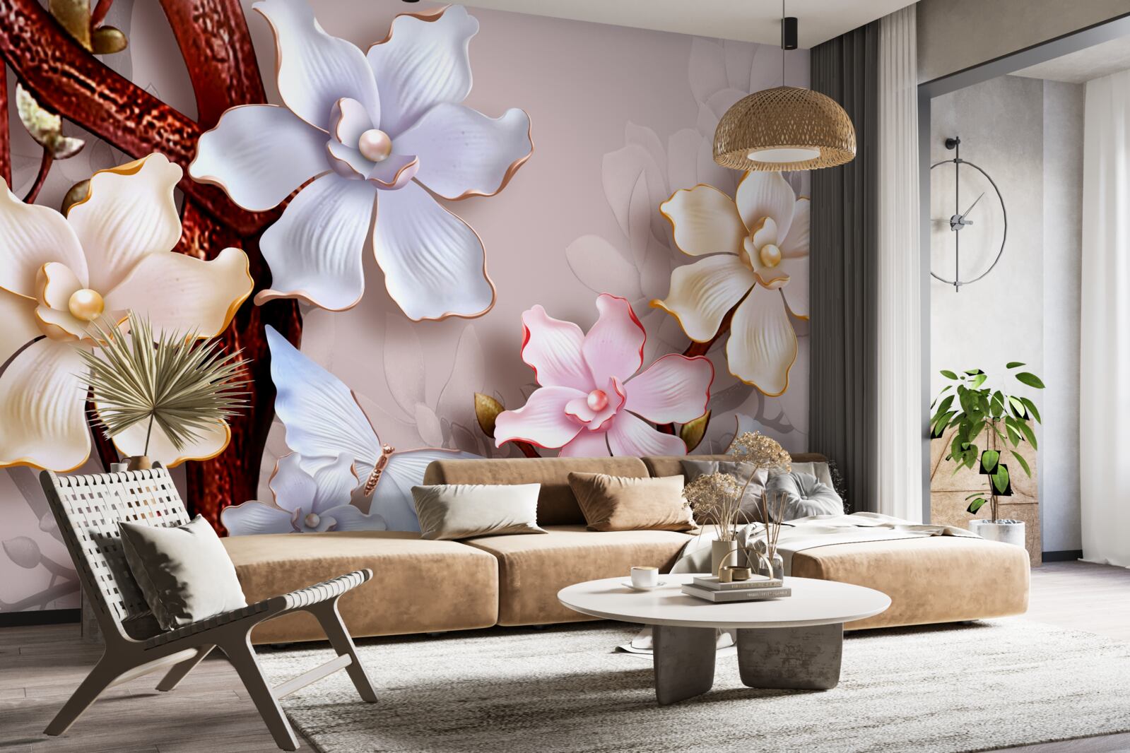 Fotobehang bloemen in verschillende tinten op een zachte achtergrond