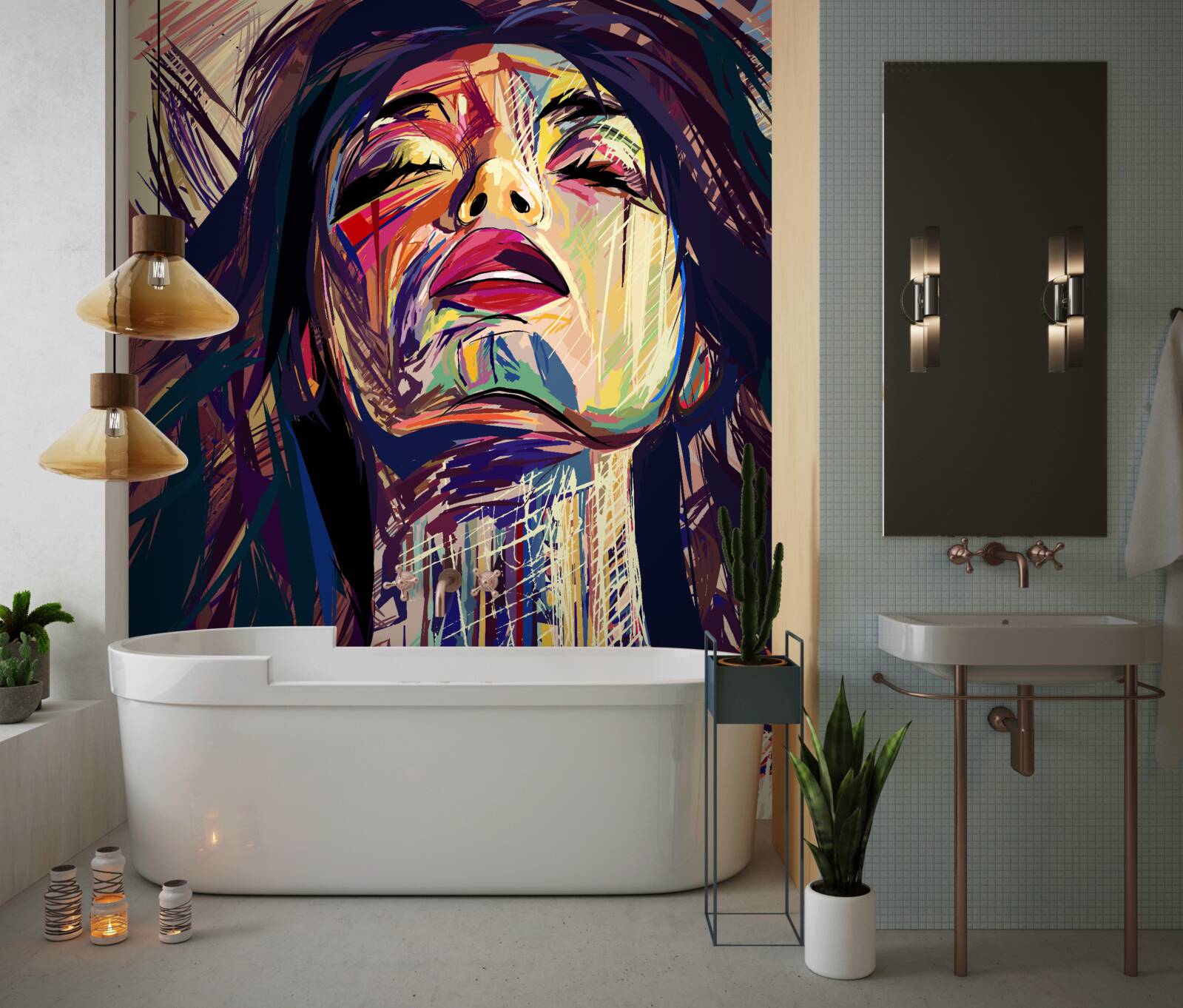 Fotobehang het meisje op de foto zit helemaal onder de verf