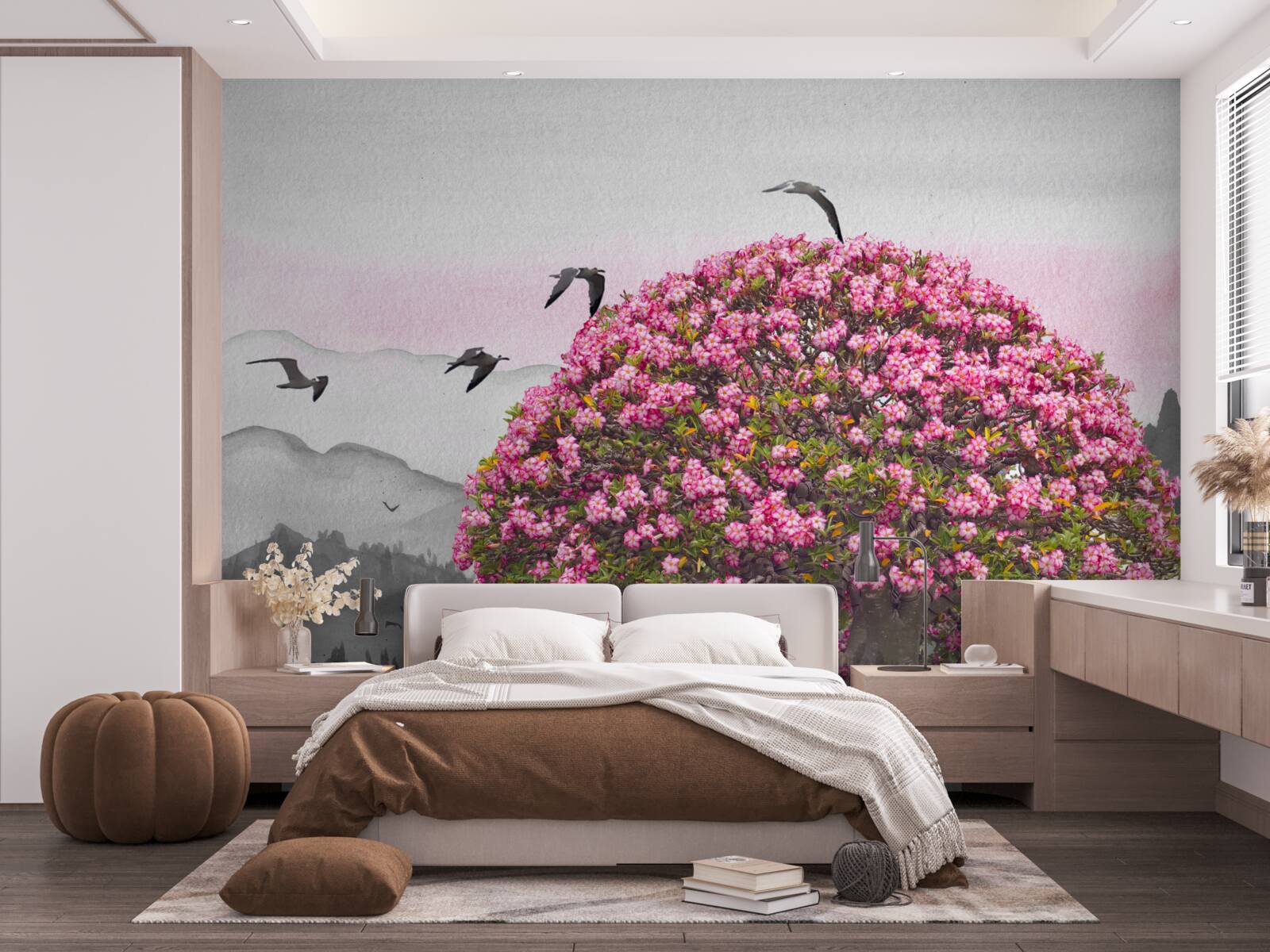 Fotobehang vogels vliegen over een bloeiende boom