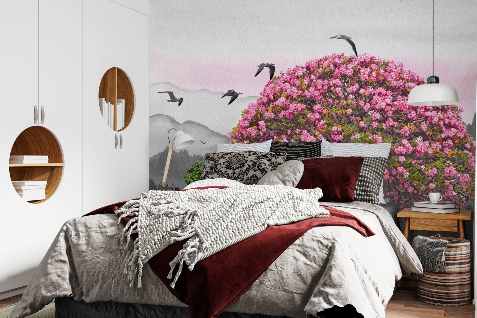 Fotobehang vogels vliegen over een bloeiende boom