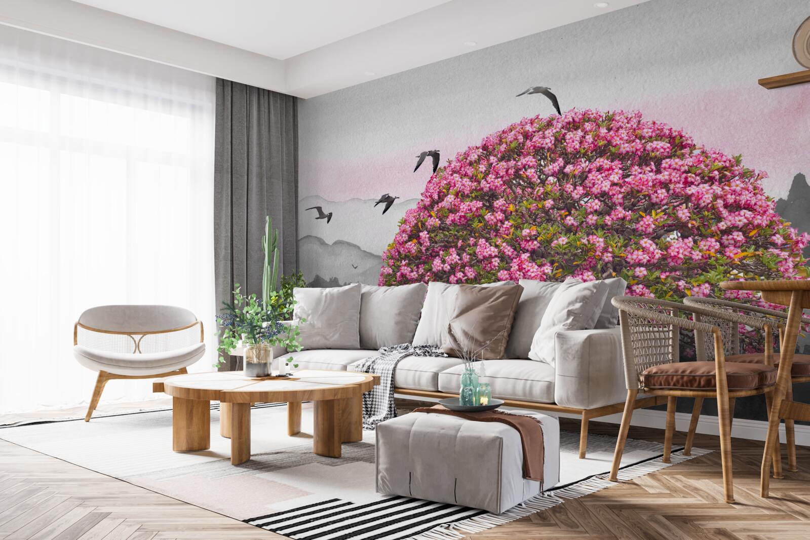 Fotobehang vogels vliegen over een bloeiende boom