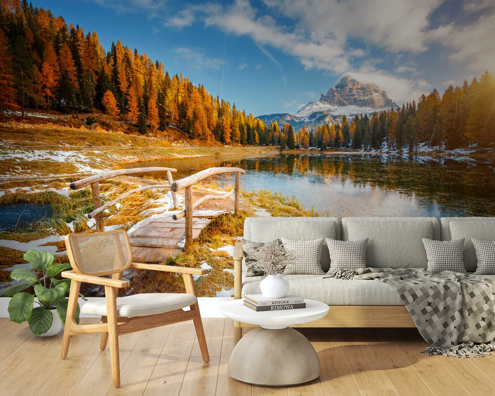 Fotobehang herfstlandschap met een berg aan de horizon