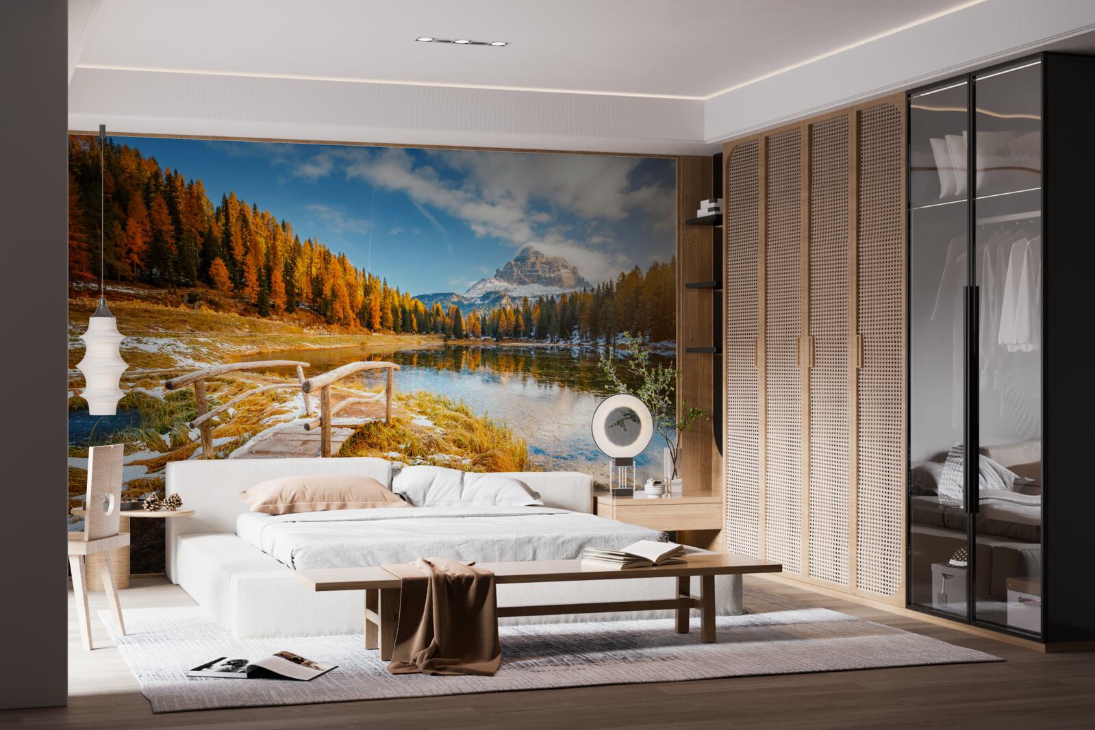 Fotobehang herfstlandschap met een berg aan de horizon