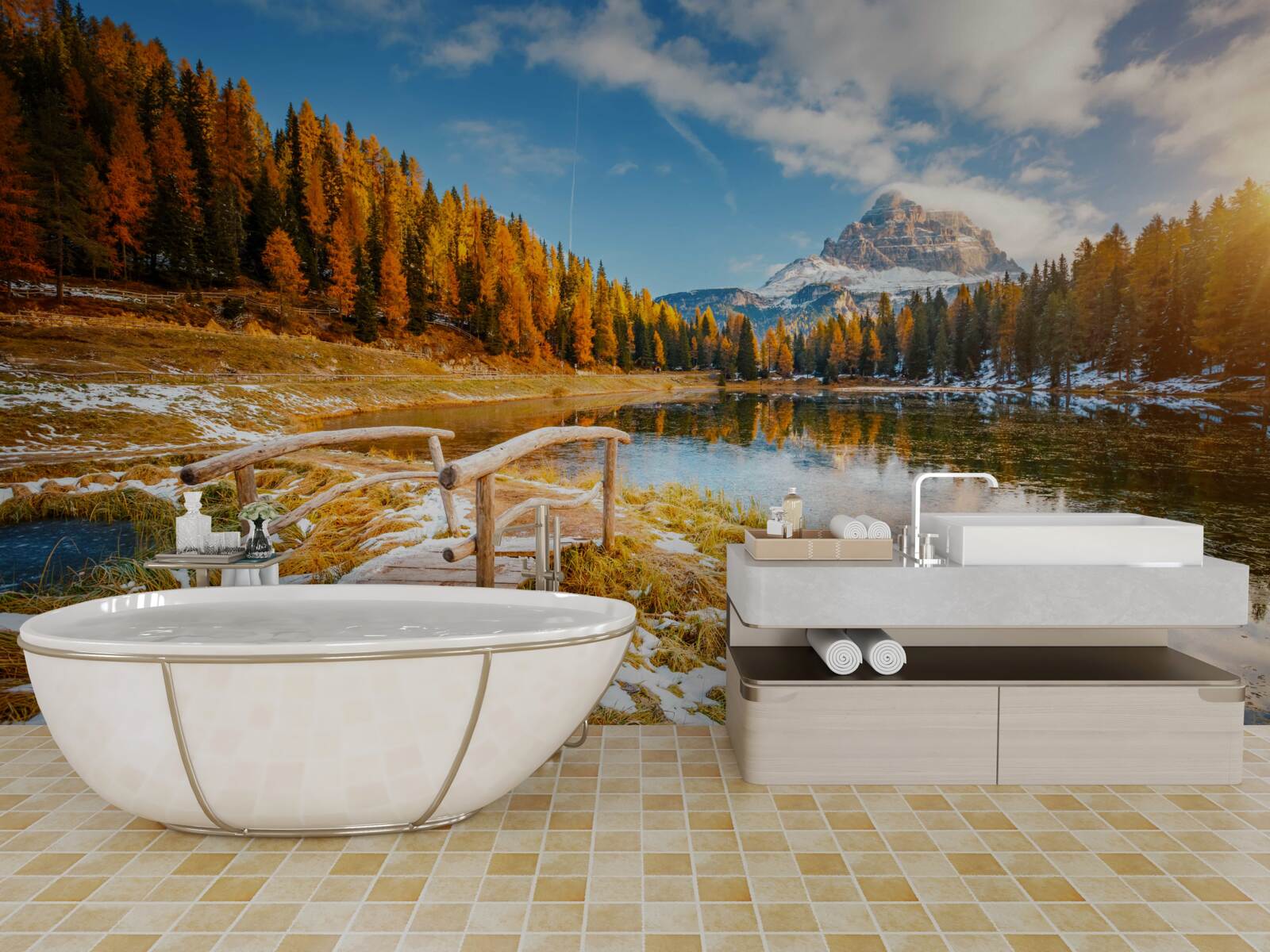 Fotobehang herfstlandschap met een berg aan de horizon