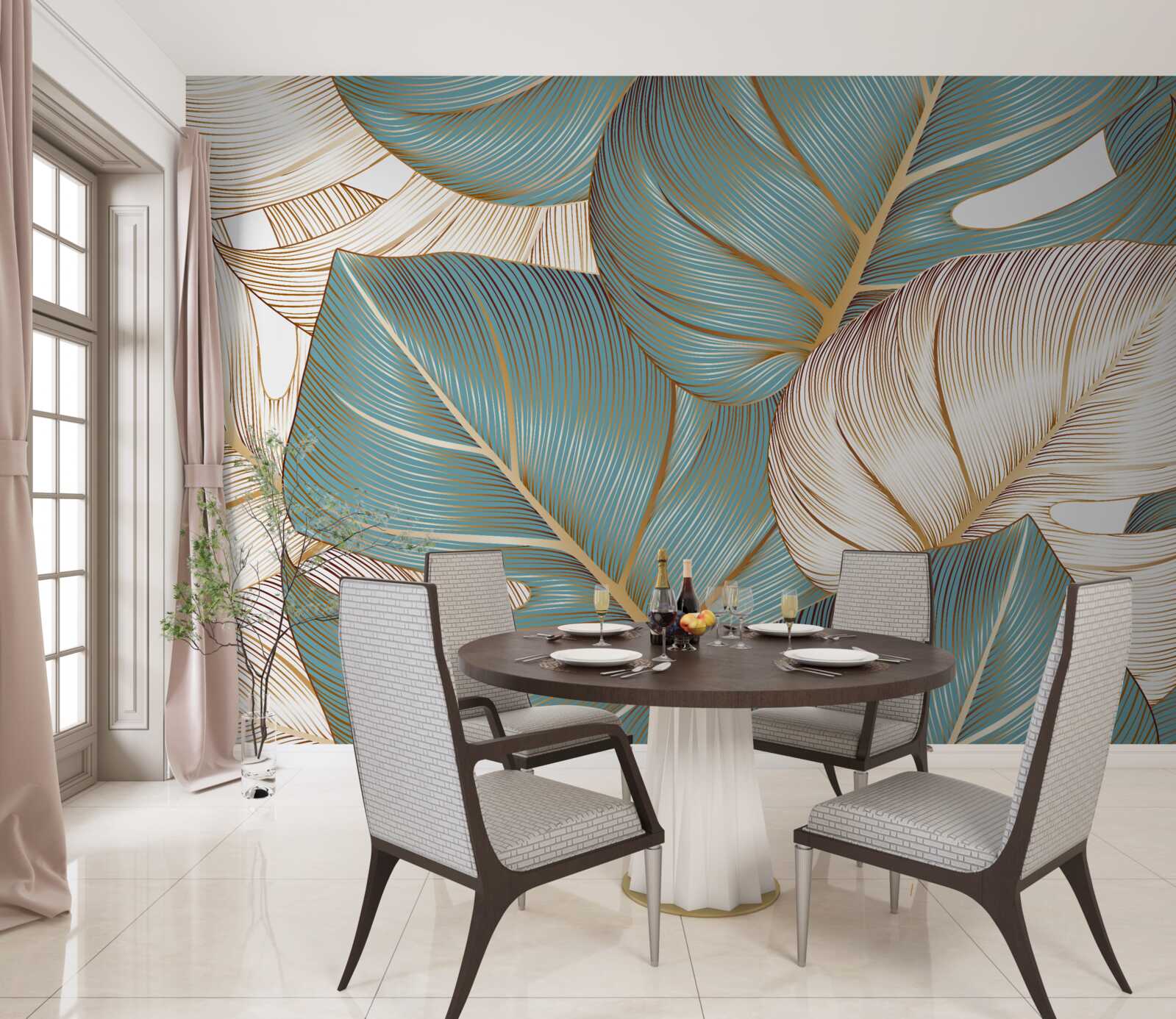 Fotobehang grote bladeren in groen en goud