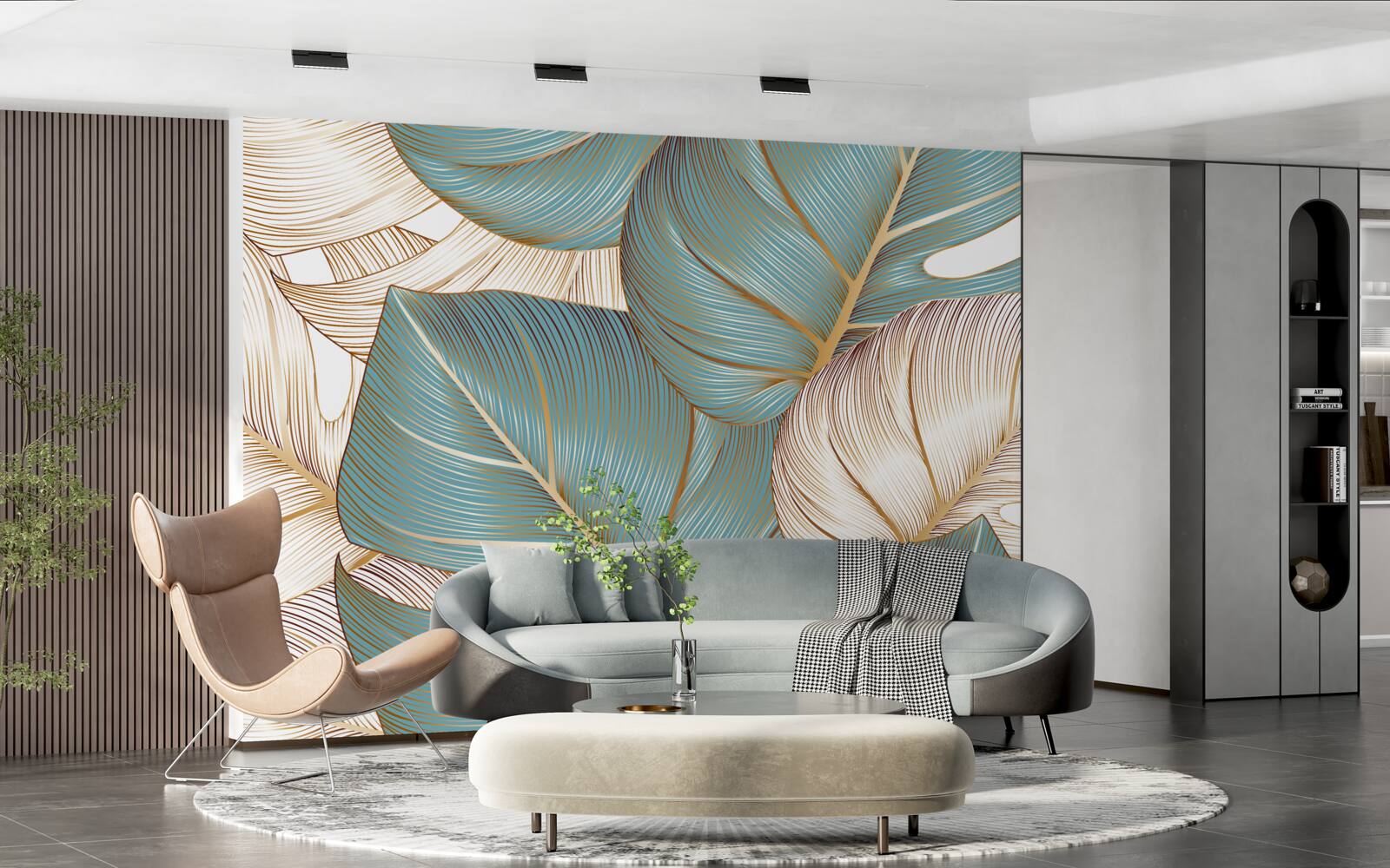 Fotobehang grote bladeren in groen en goud